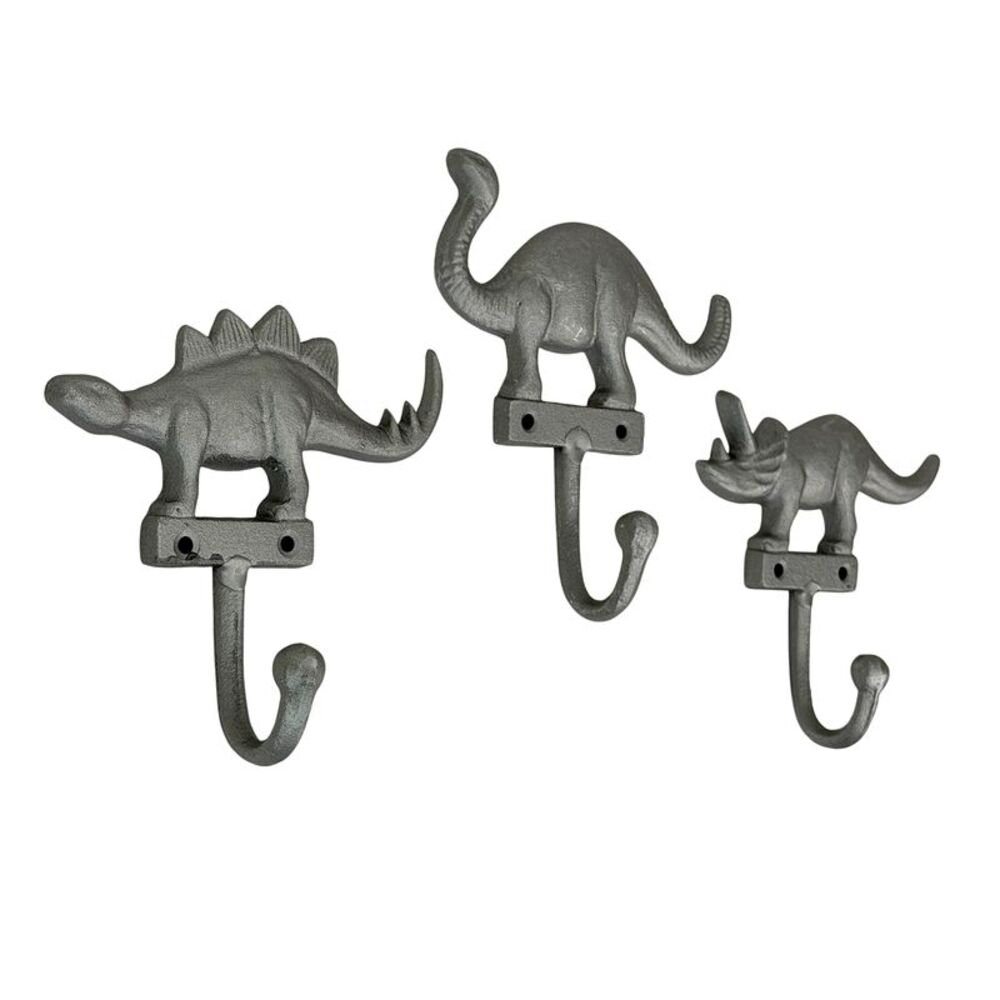 Set of 3 Cast Iron Dinosaur Wall Hooks Gray Decorative Coat Hangers 6.25 Inch
